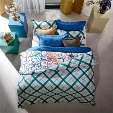 Lenjerie de pat dublu cu 2 fete TAC Greeny Verde din bumbac 100% ranforce, design geometric si floral