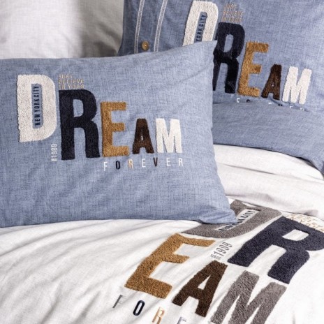 Lenjerie pat dublu bumbac 100% ranforce, model Forever Gri Cotton Box, cu broderie „DREAM FOREVER” în relief și perne contrast denim