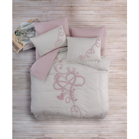Lenjerie de pat Cotton Box Bellini Pink, bumbac 100% ranforce, broderii în relief, set 6 piese, culori roz și crem.