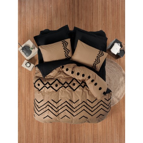 Lenjerie de pat Cotton Box Elio Copper, bumbac 100% ranforce, broderii în relief, set 6 piese, culori maro și negru.