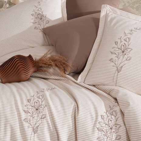 Lenjerie pat dublă bumbac ranforce cu broderie florală Clasy Home Eterna