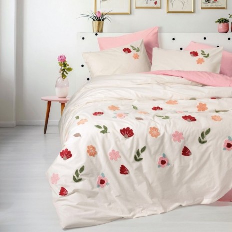 Lenjerie de pat model Blossom, design multicolor pe fundal crem, material bumbac 100% ranforce, set 6 piese, cearceaf de pat culoare roz somon
