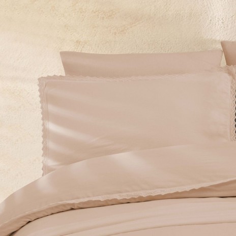 Lenjerie pat dublu cu dantela crosetata Tylia Ballet roz pudrat bumbac 100% ranforce prespalat Bahar Tekstil