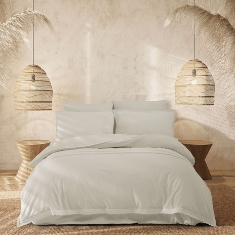 Lenjerie pat dublu cu dantela crosetata Tylia Dove ecru bumbac 100% ranforce prespalat Bahar Tekstil