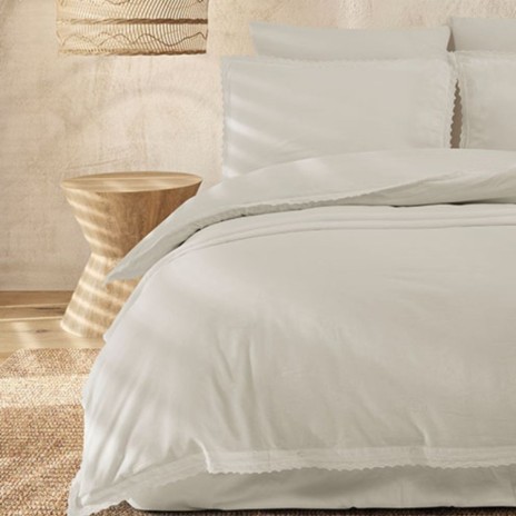 Lenjerie pat dublu cu dantela crosetata Tylia Dove ecru bumbac 100% ranforce prespalat Bahar Tekstil