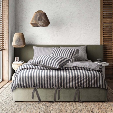 Lenjerie pat dublu bumbac 100% ranforce MySleep Harbor bej cu dungi antracit și funde decorative