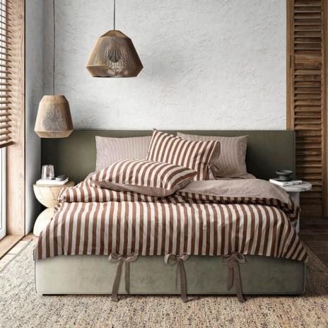 Lenjerie pat dublu bumbac 100% ranforce MySleep Scorțișoară ecru cu dungi cărămizii și funde decorative