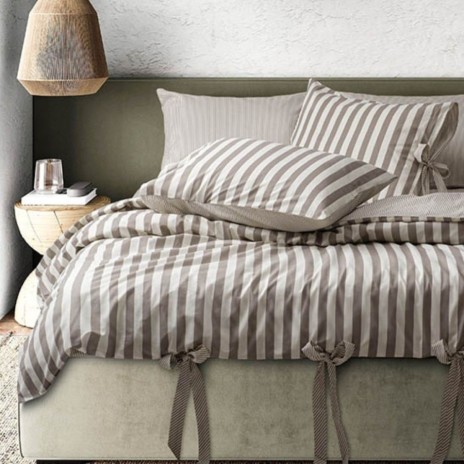 Lenjerie pat dublu bumbac 100% ranforce MySleep Stone ecru cu dungi maro și funde decorative