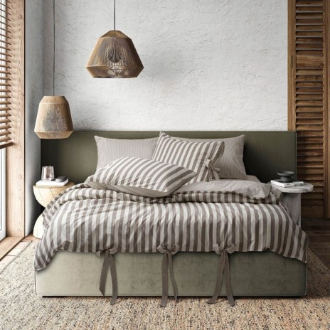 Lenjerie pat dublu bumbac 100% ranforce MySleep Stone ecru cu dungi maro și funde decorative
