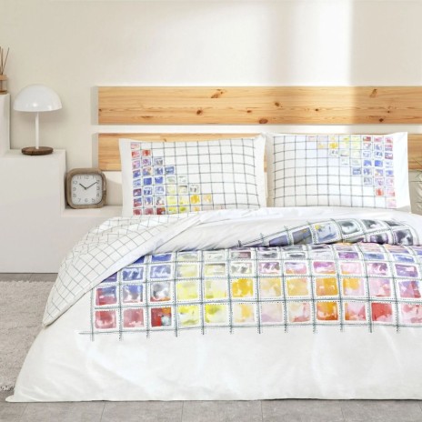 lenjerie de pat TAC Charmian bumbac ranforce cu cearceaf elastic 160x200 si model geometric multicolor pe fundal alb