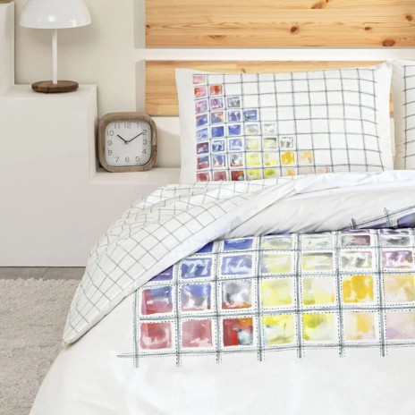 lenjerie de pat TAC Charmian bumbac ranforce cu cearceaf elastic 160x200 si model geometric multicolor pe fundal alb