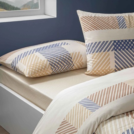 lenjerie de pat TAC Joel bumbac 100 ranforce cu cearceaf elastic 160x200 si model geometric liniar bej maro bleumarin