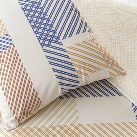 lenjerie de pat TAC Joel bumbac 100 ranforce cu cearceaf elastic 160x200 si model geometric liniar bej maro bleumarin
