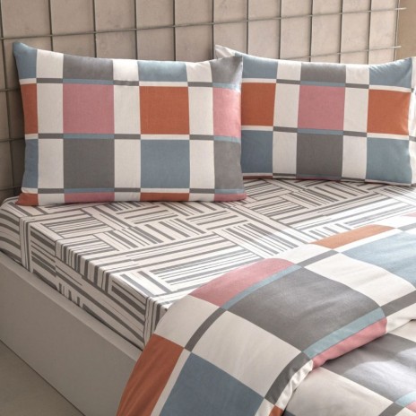 lenjerie de pat TAC Loxa bumbac 100% ranforce cu cearceaf elastic 160x200 si model geometric in carouri bleu gri roz si caramiziu