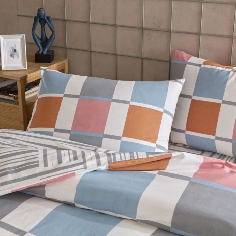 lenjerie de pat TAC Loxa bumbac 100% ranforce cu cearceaf elastic 160x200 si model geometric in carouri bleu gri roz si caramiziu