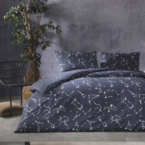 Set lenjerie de pat dublu Lony TAC din bumbac 100 % ranforce, imprimeu constelații albe pe fond albastru midnight, cearșaf cu elastic