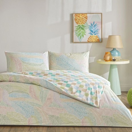 Set lenjerie de pat dublu Cardie TAC din bumbac 100 % ranforce, imprimeu frunze pastel de palmier