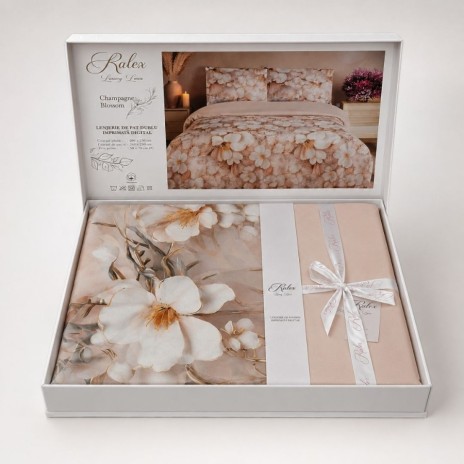 Lenjerie de pat dublu cu elastic Champagne Blossom Cotton Pro Pucioasa bumbac ranforce premium model flori albe