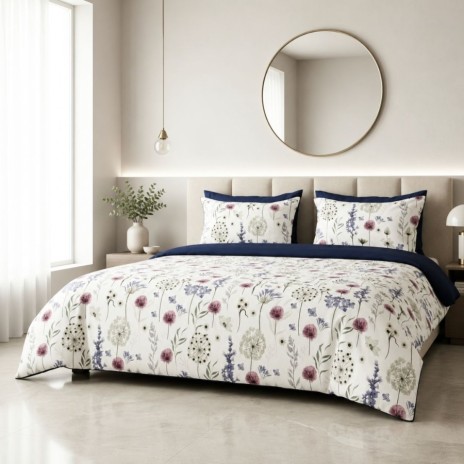 Lenjerie de pat dublu cu elastic Floreille Cotton Pro Pucioasa bumbac ranforce premium model cu flori de camp si fluturi