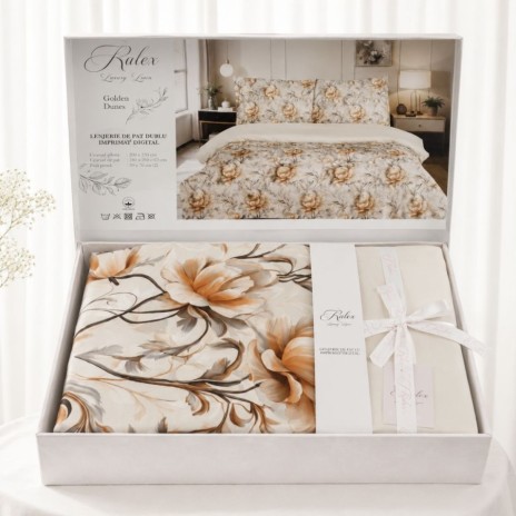 Lenjerie de pat dublu cu elastic Golden Dunes Cotton Pro Pucioasa bumbac ranforce premium model flori bej