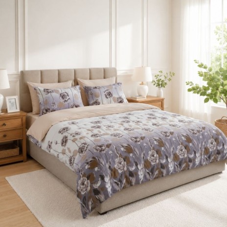 Lenjerie de pat dublu cu elastic Harvest Veil Cotton Pro Pucioasa bumbac ranforce premium model floral gri