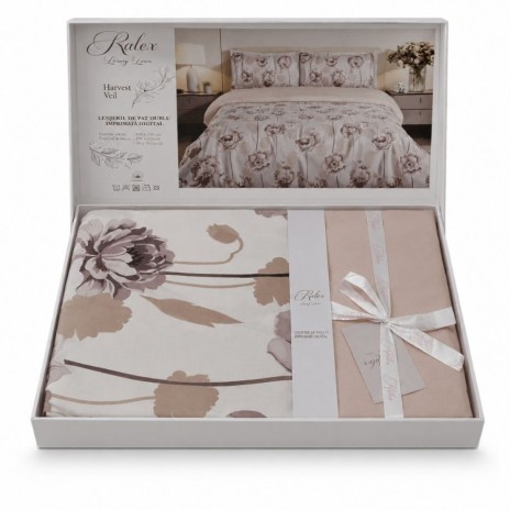 Lenjerie de pat dublu cu elastic Harvest Veil Cotton Pro Pucioasa bumbac ranforce premium model floral gri
