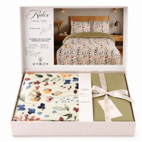 Lenjerie de pat dublu cu elastic Lumerose Cotton Pro Pucioasa bumbac ranforce premium model floral cu fluturi