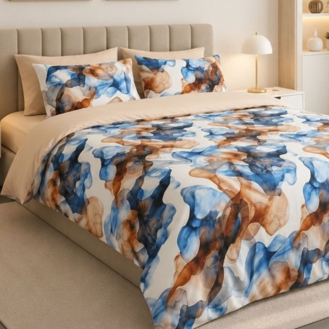 Lenjerie de pat dublu cu elastic Ocean Flow Cotton Pro Pucioasa bumbac ranforce premium design abstract albastru maro bej