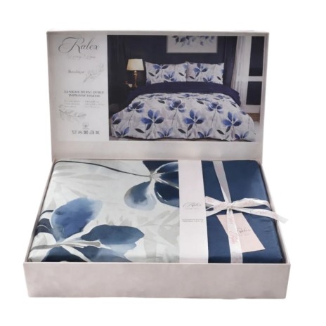 Lenjerie de pat dublu cu elastic Petalique frunze Cotton Pro Pucioasa bumbac ranforce premium model cu frunze albastre