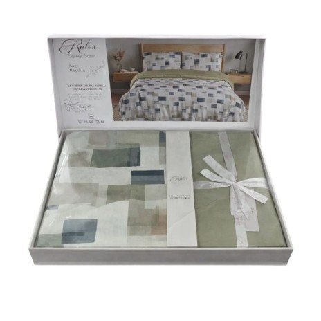 lenjerie de pat dublu cu elastic Sage Rhythm Patrate Cotton Pro Pucioasa bumbac ranforce premium model geometric cu patrate verde bej gri