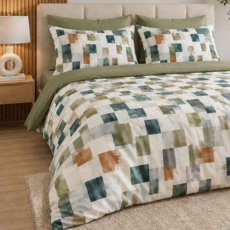lenjerie de pat dublu cu elastic Sage Rhythm Patrate Cotton Pro Pucioasa bumbac ranforce premium model geometric cu patrate verde bej gri