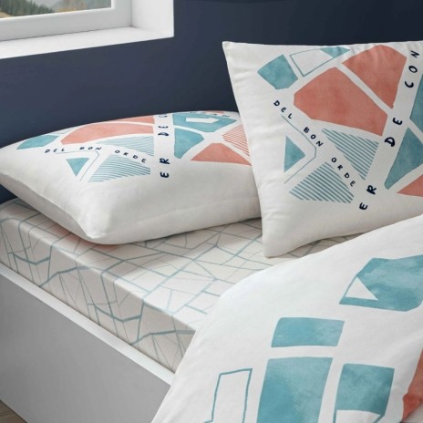Lenjerie de pat dublu cu elastic Selby TAC bumbac ranforce model geometric abstract albastru verzui si teracota
