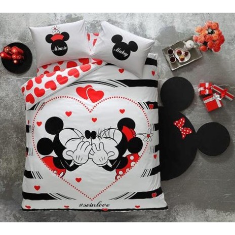 Lenjerie de pat dublu Disney Minnie și Mickey Amour, imprimeu alb-negru roșu cu elemente fosforescente, 4 piese, bumbac.