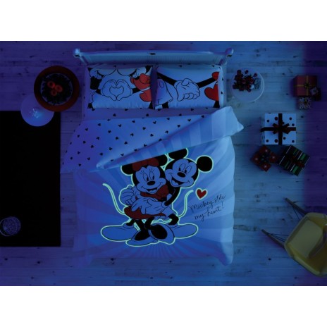 Lenjerie de pat dublu din bumbac 100% ranforce, model Disney Minnie & Mickey Love Day, cu elemente fosforescente.