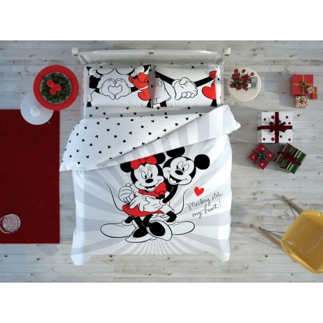Lenjerie de pat dublu din bumbac 100% ranforce, model Disney Minnie & Mickey Love Day, cu elemente fosforescente.