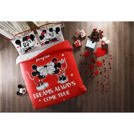 Lenjerie de pat dublă Disney Minnie și Mickey Dreams Glow, cu elemente fosforescente, nuanțe de roșu, alb și negru, imagini și mesaje de iubire, 4 piese, bumbac