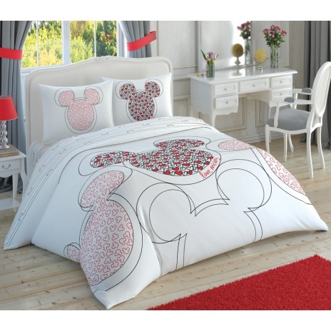 Lenjerie de pat dublu Tac Love Mickey Glow, albă cu capete Mickey Mouse umplute cu inimioare roșii și negre fosforescente, din bumbac satinat