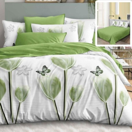 Lenjerie de pat dublu cu flori verzi și fluturi din finet, 6 piese, model floral și fluturi pe fundal alb, cearceaf verde plat