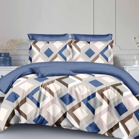 Lenjerie de pat dublu din finet cu model geometric în nuanțe de albastru și maro