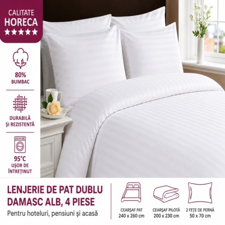 Lenjerie de pat dublu damasc alba 4 piese calitate Horeca cu dungi de 1 cm pentru hoteluri si pensiuni