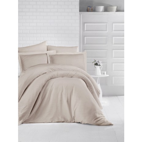 Lenjerie de pat cappuccino damasc din bumbac 100% cu dungă de 1 cm lățime, specială pentru hoteluri, set 6 piese