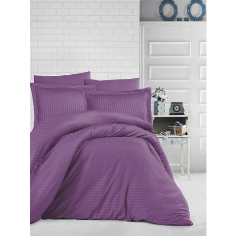 Lenjerie de pat mov damasc din bumbac 100% cu dungă de 1 cm lățime, specială pentru hoteluri, set 4 piese