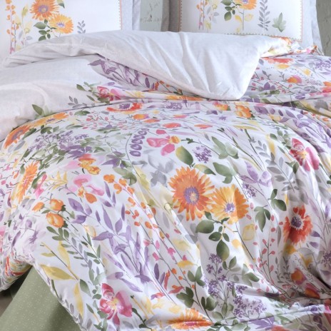 Lenjerie de pat dublu bumbac 100% ranforce cu flori colorate pe fundal alb