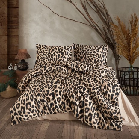 Lenjerie de pat dublu din bumbac 100% ranforce cu imprimeu de leopard in nuante de bej, maro