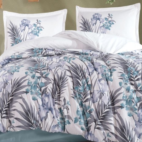 Lenjerie pat dublu bumbac 100% ranforce Lilyum 200x220 floral bleu gri