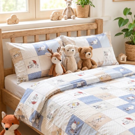 lenjerie de pat copii din bumbac satinat cu figurine jucause si carouri, set 4 piese in nuante de bleu si bej