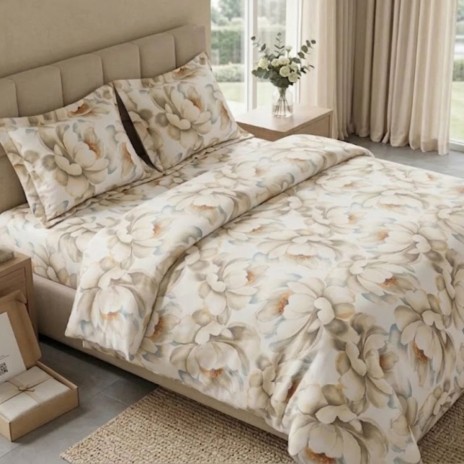 Lenjerie de pat dubla bumbac 100% satinat floral bej 4 piese fabricata in Romania