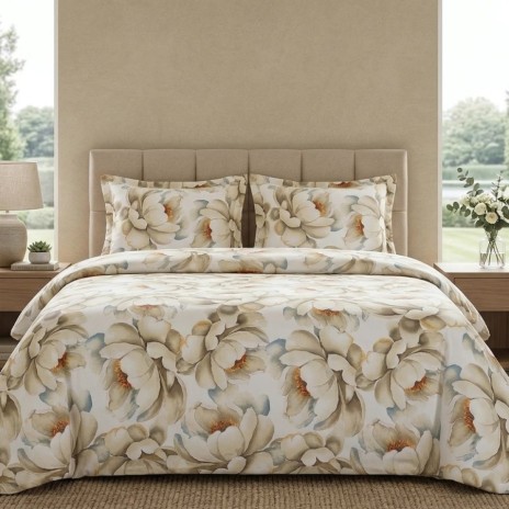 Lenjerie de pat dubla bumbac 100% satinat floral bej 4 piese fabricata in Romania