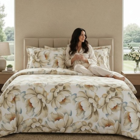 Lenjerie de pat dubla bumbac 100% satinat floral bej 4 piese fabricata in Romania