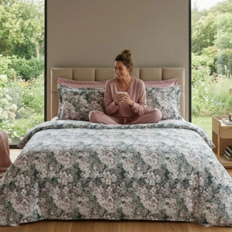 Lenjerie de pat dubla bumbac 100% satinat florala pastel verde roz, 4 piese, fabricata in Romania